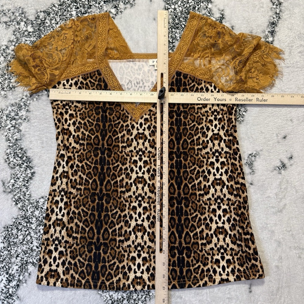 Pol Top Womens Size L Brown Multi Leopard Print Lace Upper Short Sleeve Blouse - Picture 3 of 7